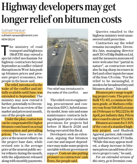 August 2026: Highway developers relief on bitumen costs